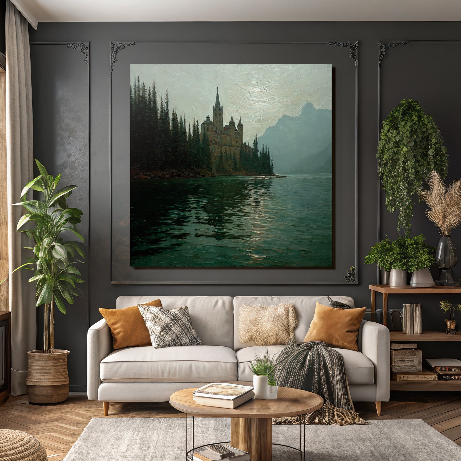 Malerische Schlosslandschaft Im Nebel Mit Reflektion