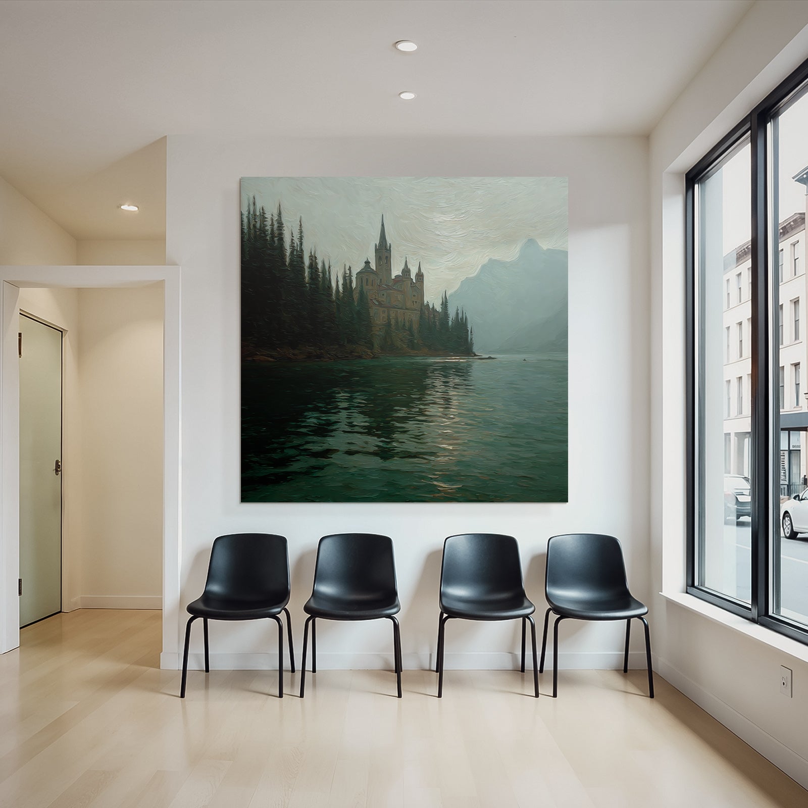 Malerische Schlosslandschaft Im Nebel Mit Reflektion