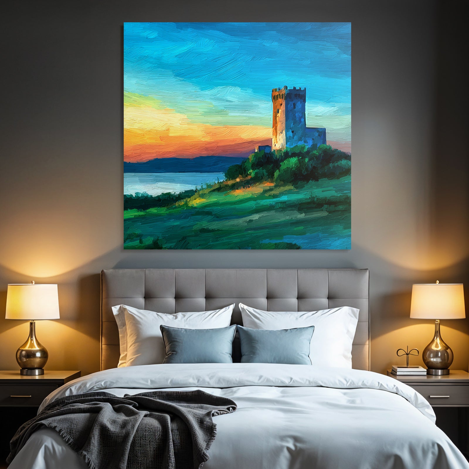 Malerisches Schloss Am Seeufer Bei Sonnenuntergang