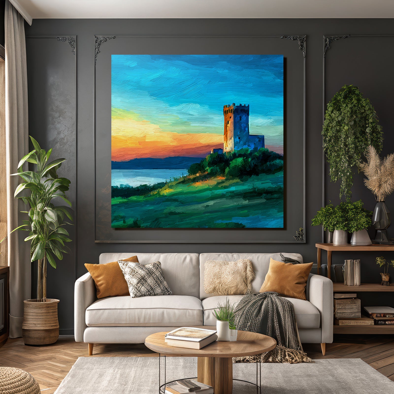 Malerisches Schloss Am Seeufer Bei Sonnenuntergang