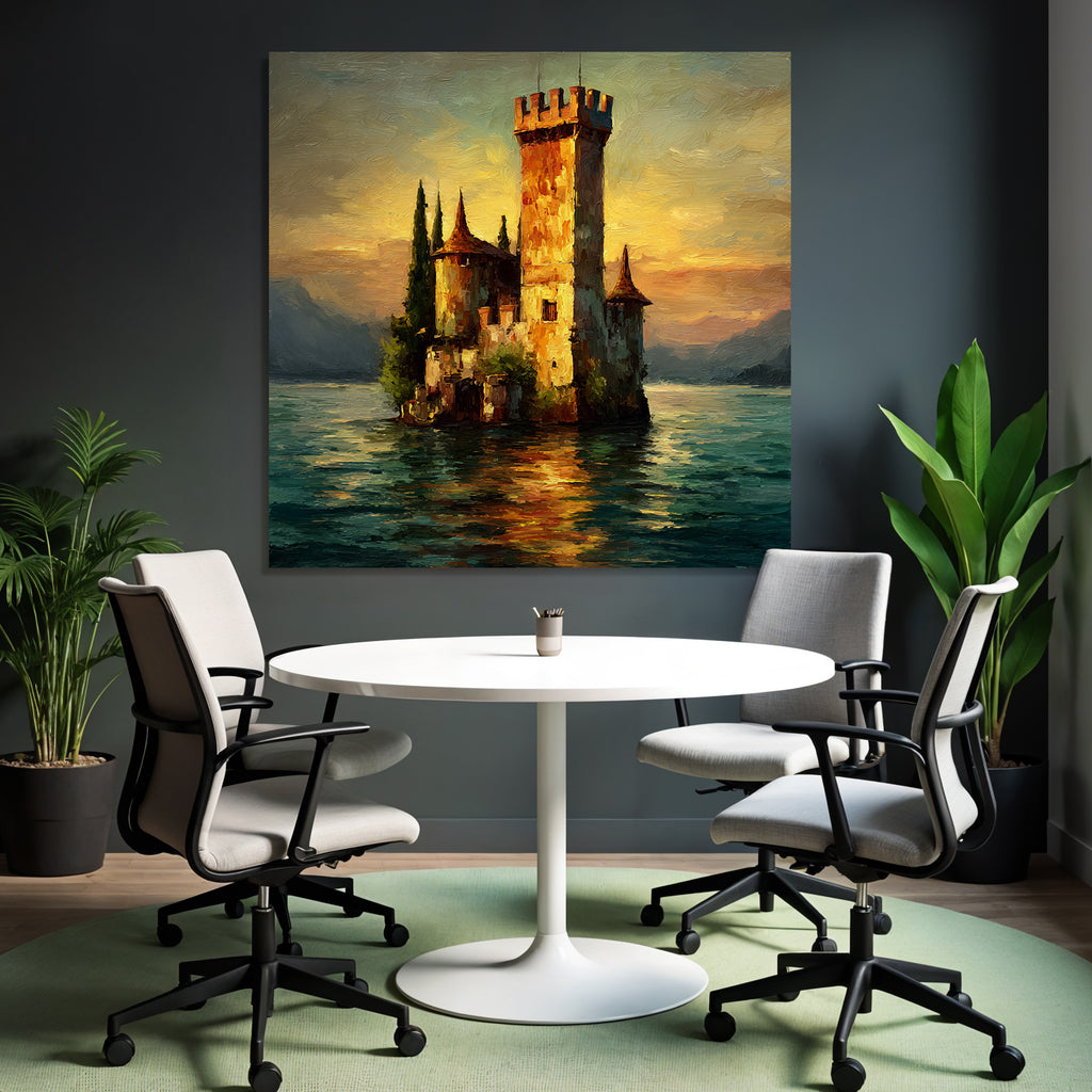 Mystische Burg Am Wasser Im Goldenen Sonnenuntergang