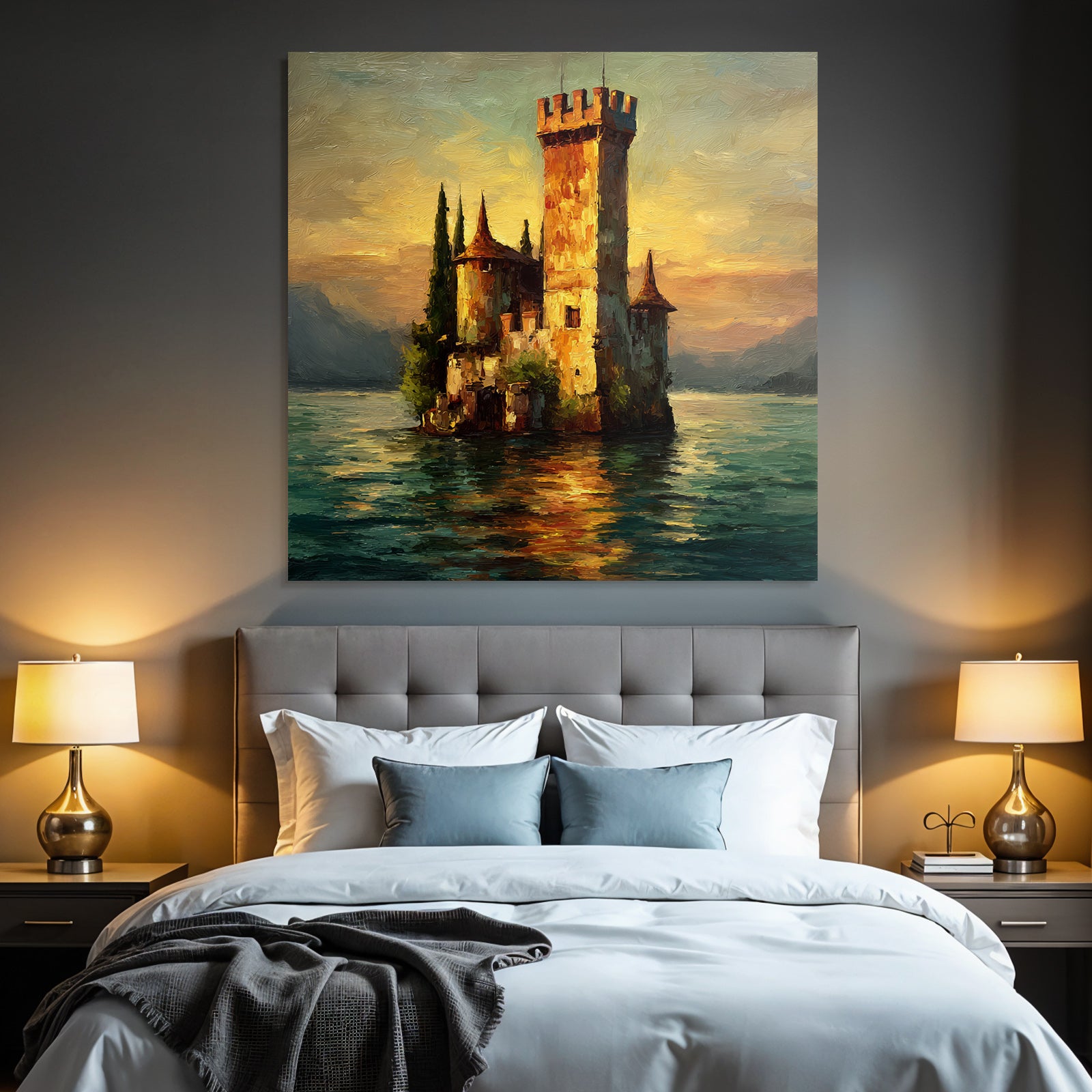 Mystische Burg Am Wasser Im Goldenen Sonnenuntergang