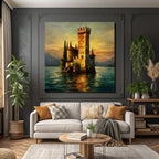 Mystische Burg Am Wasser Im Goldenen Sonnenuntergang