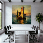 Mystische Burg Am Wasser Im Goldenen Sonnenuntergang