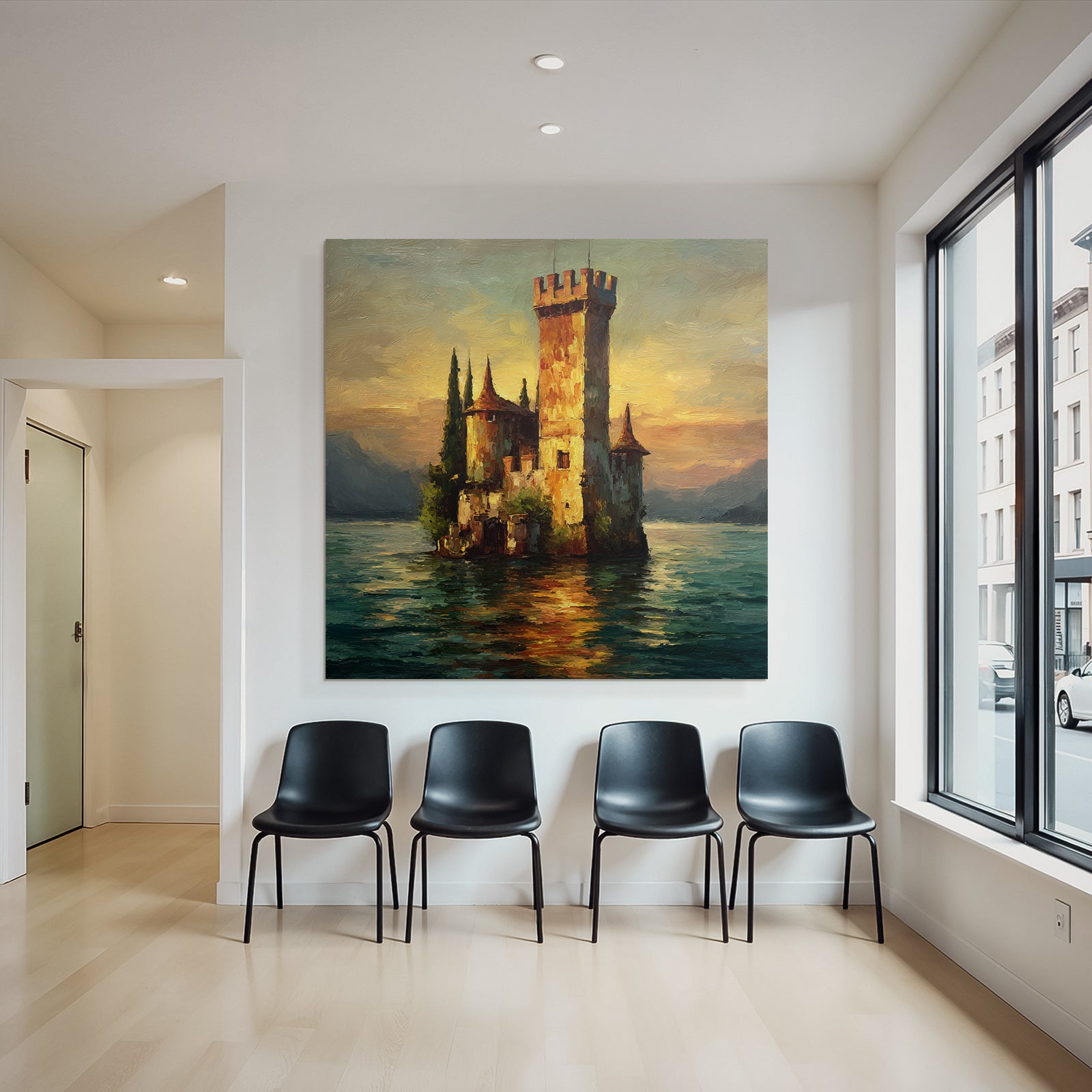 Mystische Burg Am Wasser Im Goldenen Sonnenuntergang