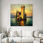 Mystische Burg Am Wasser Im Goldenen Sonnenuntergang