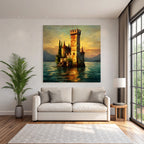 Mystische Burg Am Wasser Im Goldenen Sonnenuntergang