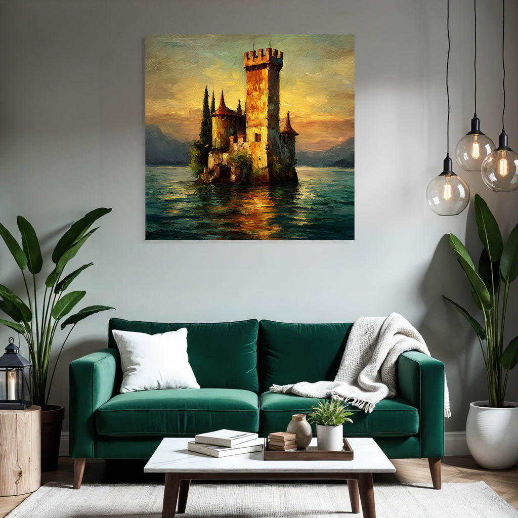 Mystische Burg Am Wasser Im Goldenen Sonnenuntergang