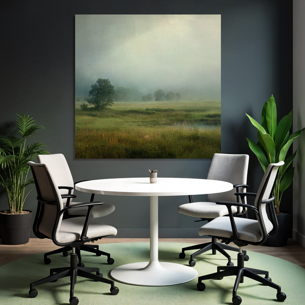 Nebelige Wiesenlandschaft Mit Teich Und Bäumen