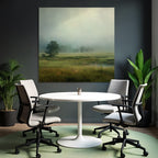 Nebelige Wiesenlandschaft Mit Teich Und Bäumen
