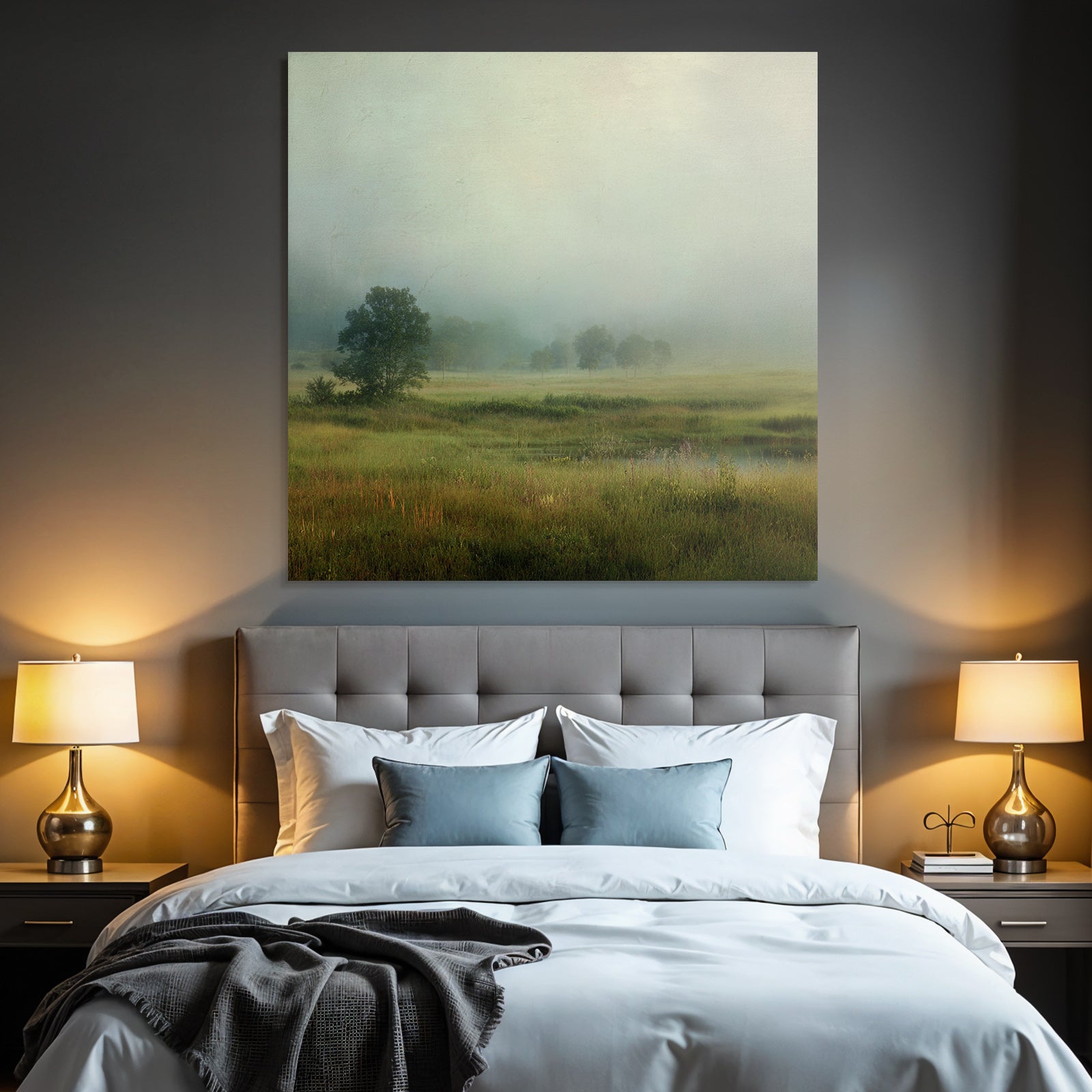 Nebelige Wiesenlandschaft Mit Teich Und Bäumen