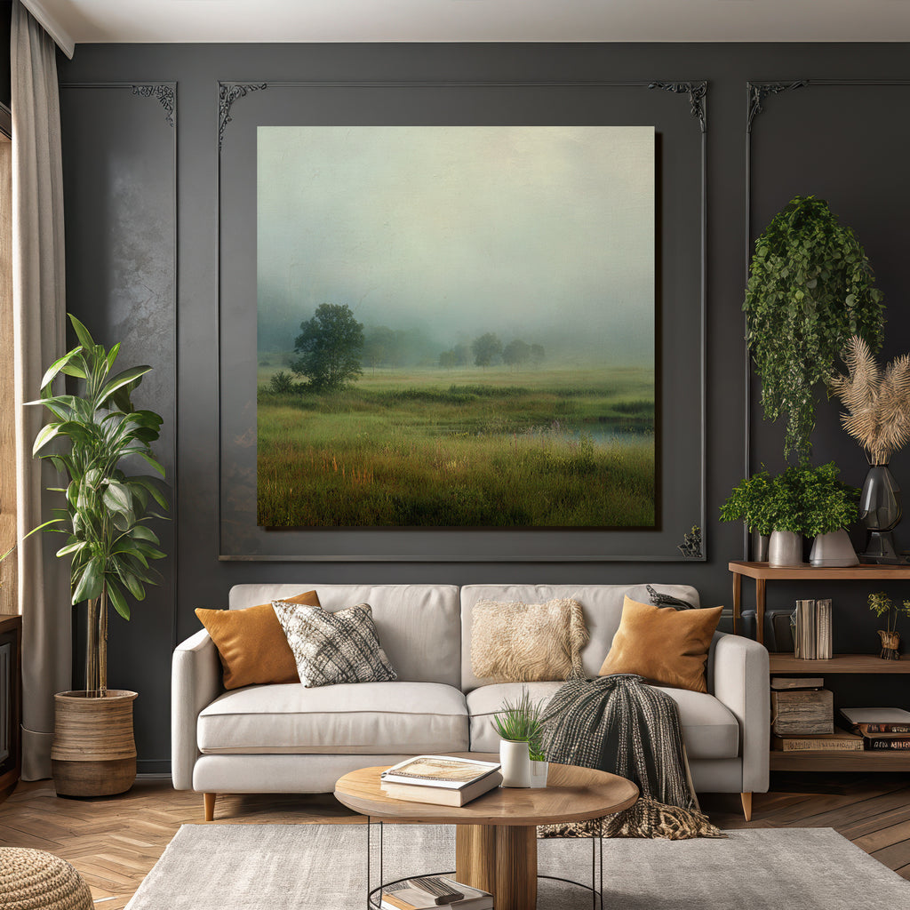 Nebelige Wiesenlandschaft Mit Teich Und Bäumen