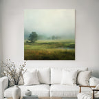 Nebelige Wiesenlandschaft Mit Teich Und Bäumen