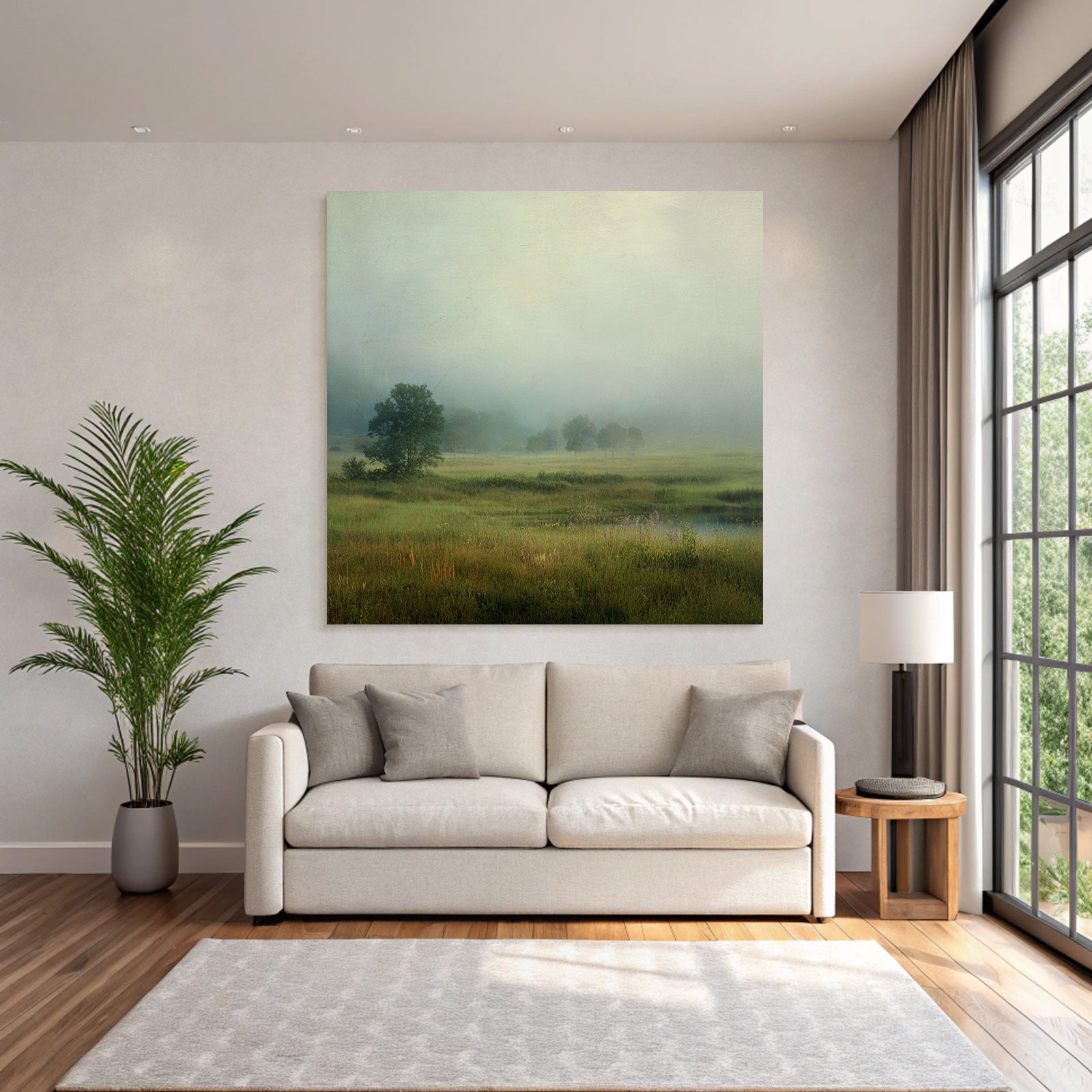 Nebelige Wiesenlandschaft Mit Teich Und Bäumen