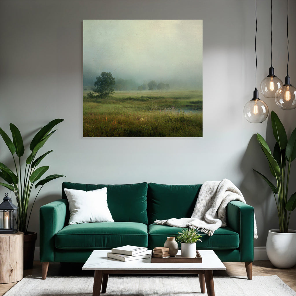 Nebelige Wiesenlandschaft Mit Teich Und Bäumen