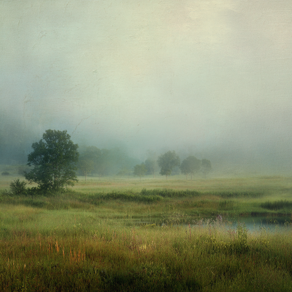 Nebelige Wiesenlandschaft Mit Teich Und Bäumen | Nebel und Wetter | Natur