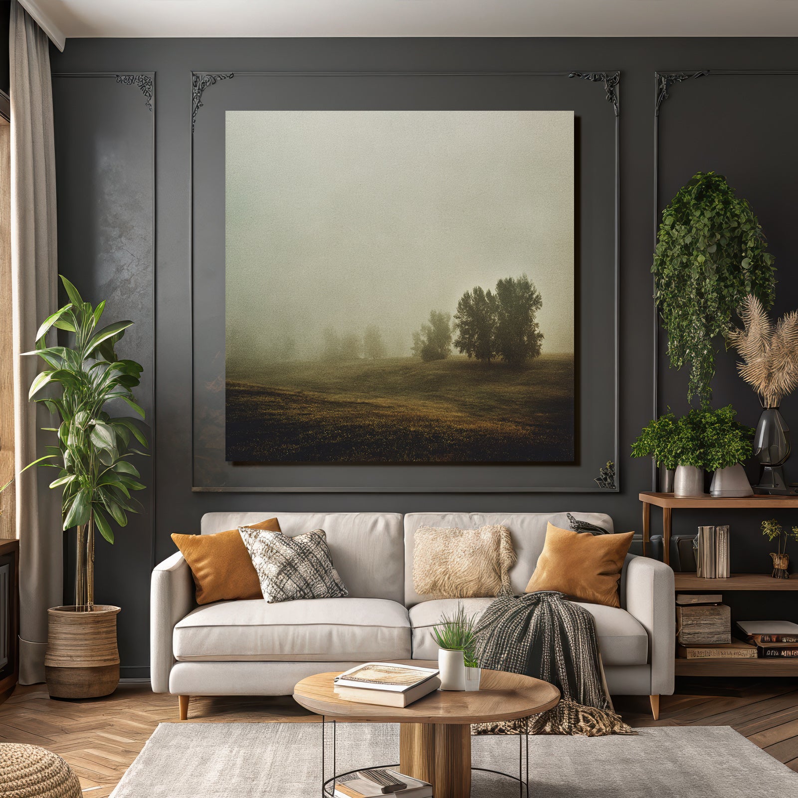 Neblige Landschaft Mit Baumsilhoütten Und Geheimnisvoller Atmosphäre