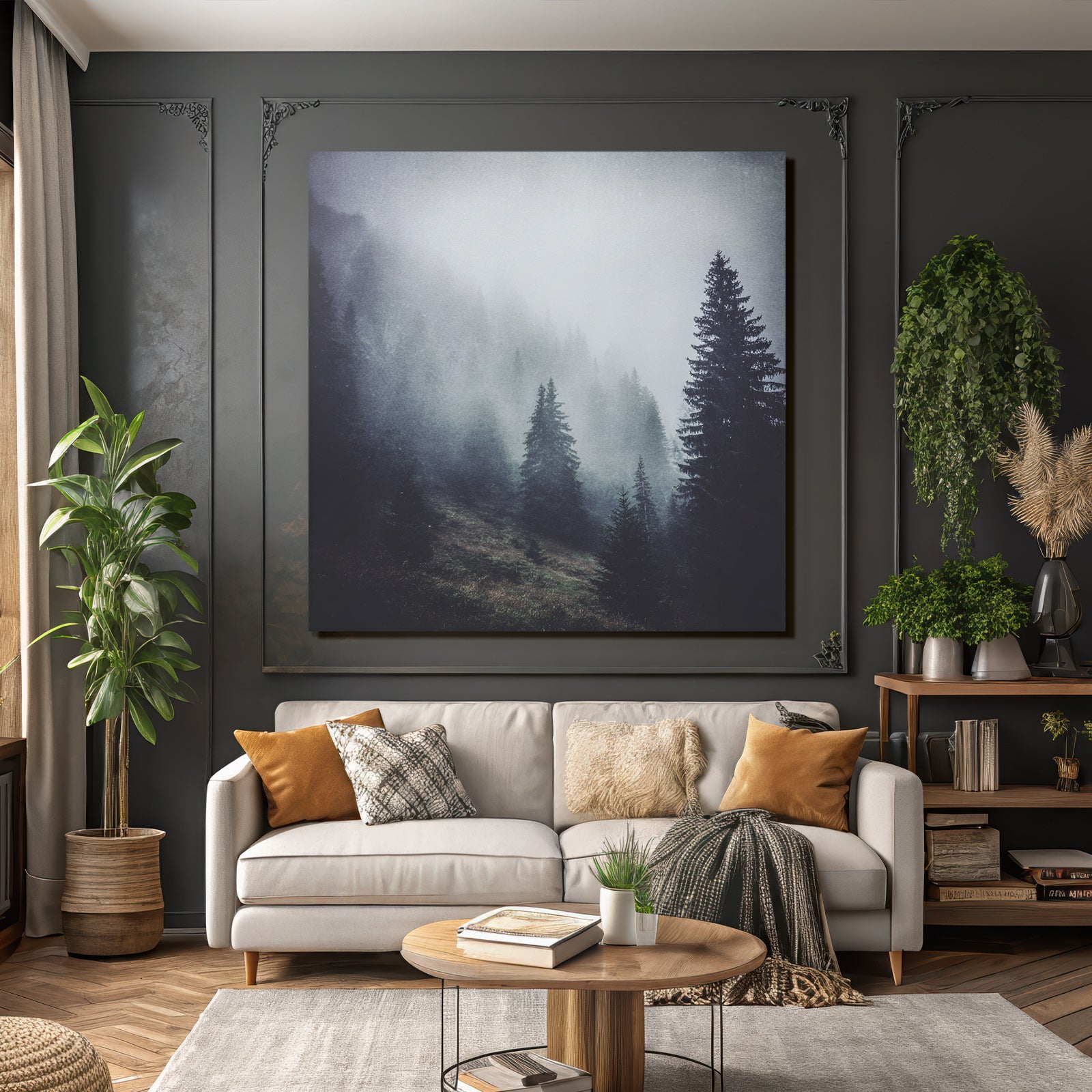 Nebliger Wald Mit Immergrünen Bäumen