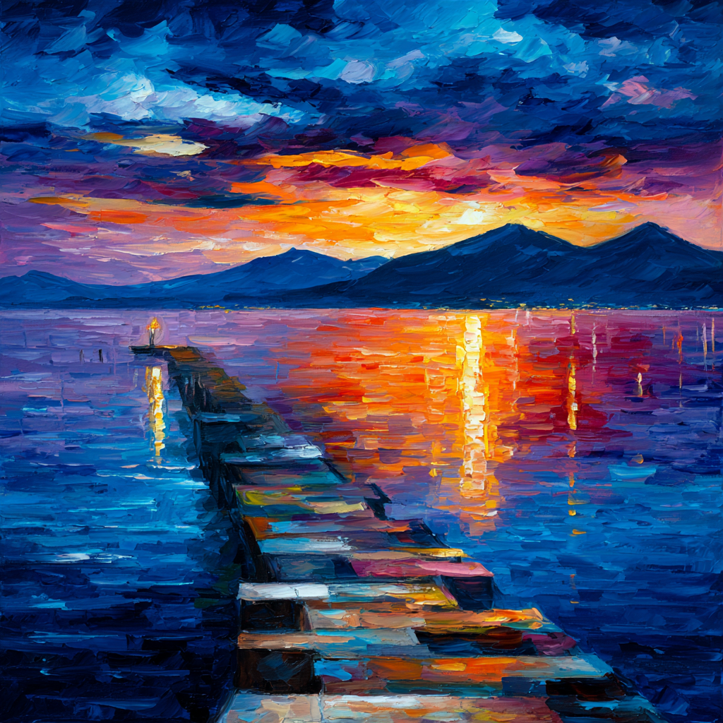 Pier Am Sonnenuntergang Impressionistische Landschaft | Nebel und Wetter | Natur