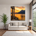 Sonnenuntergangslandschaft Mit Bergen Und Säulen Am Wasser