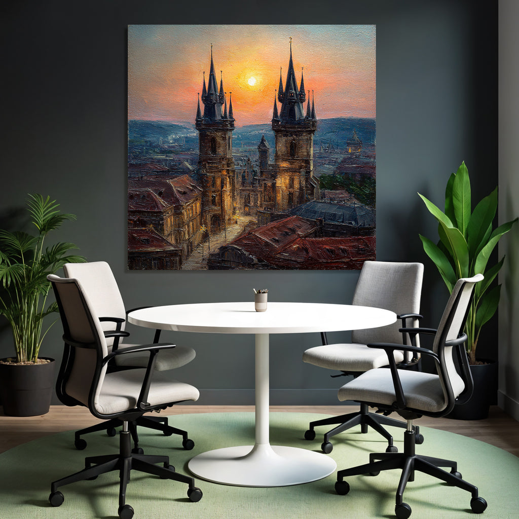 Stimmungsvolle Stadtlandschaft Am Sonnenuntergang Mit Türmen