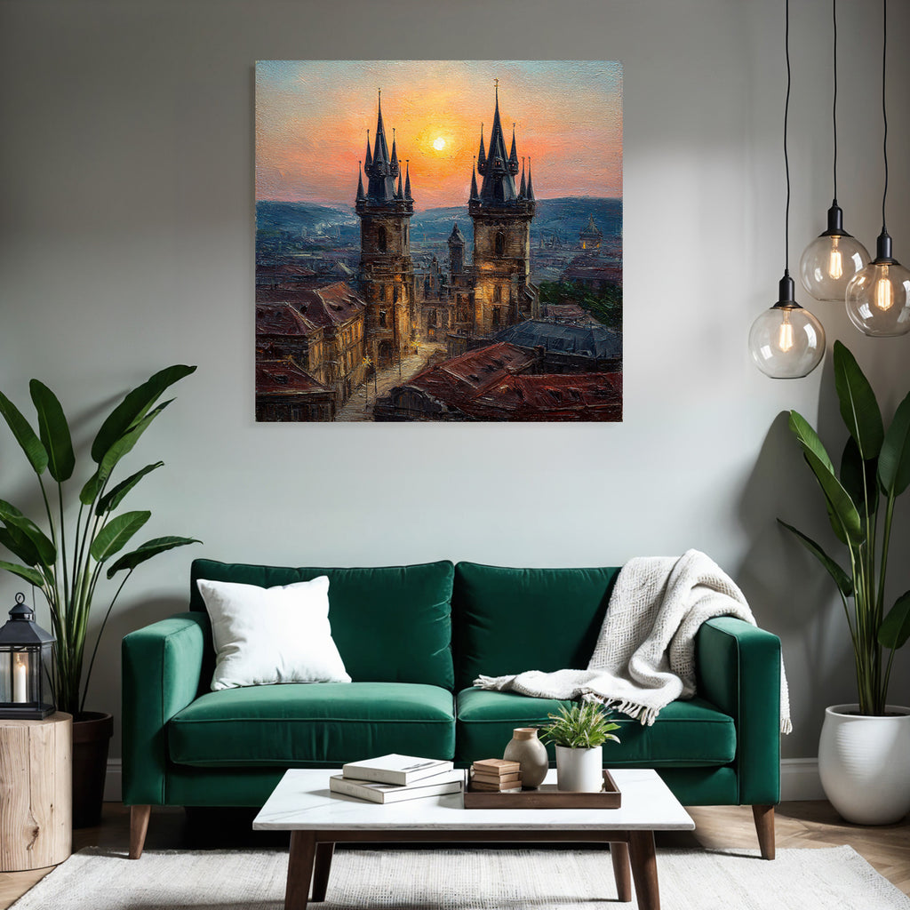 Stimmungsvolle Stadtlandschaft Am Sonnenuntergang Mit Türmen