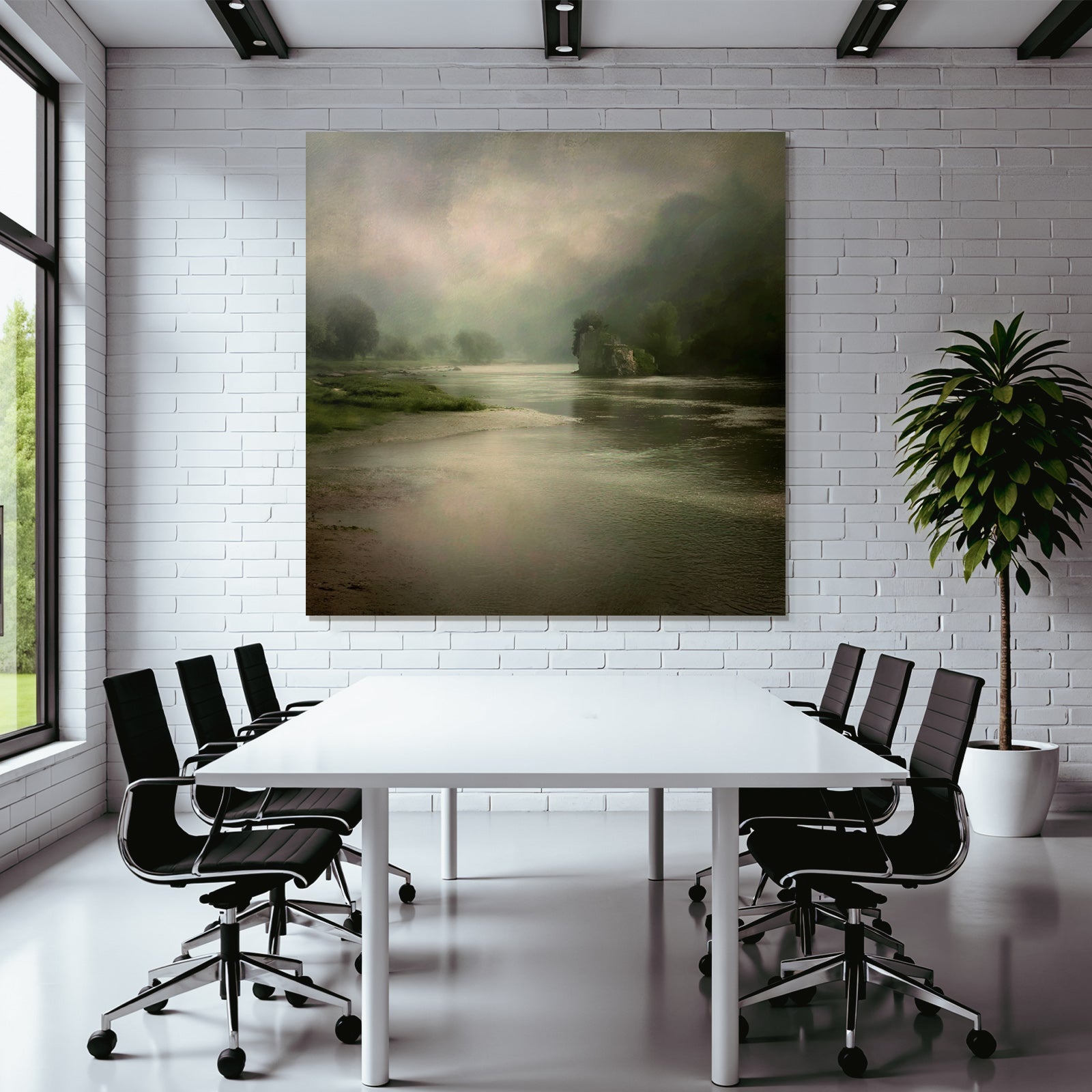 Vernebelte Flusslandschaft Mit Bäumen Und Ruine