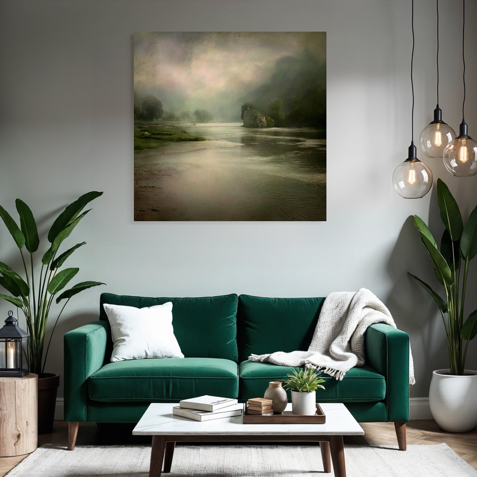 Vernebelte Flusslandschaft Mit Bäumen Und Ruine