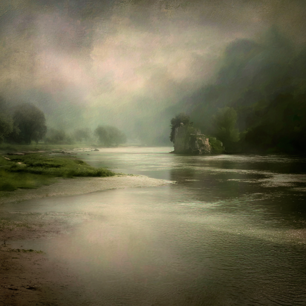 Vernebelte Flusslandschaft Mit Bäumen Und Ruine | Nebel und Wetter | Natur