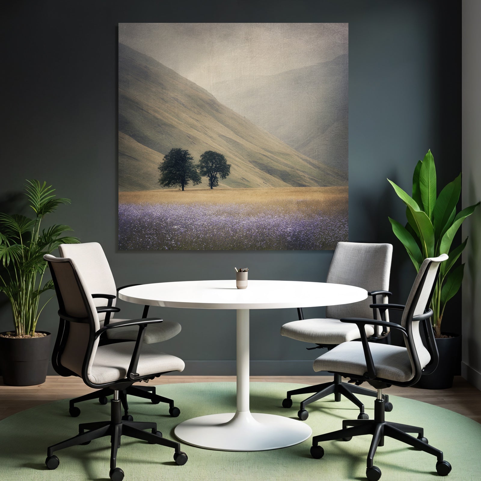 Zwei Bäume In Landschaft Mit Fliederfarbenen Wildblüten Und Ruhigen Hügeln