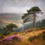 Zwei Kiefern In Einer Blühenden Heide Vor Nebligen Bergen | Nebel und Wetter | Natur