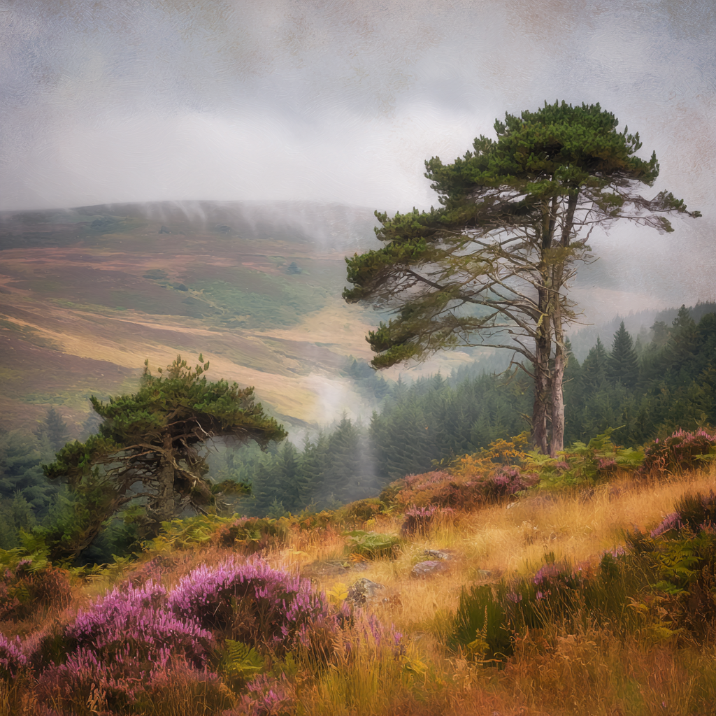 Zwei Kiefern In Einer Blühenden Heide Vor Nebligen Bergen | Nebel und Wetter | Natur