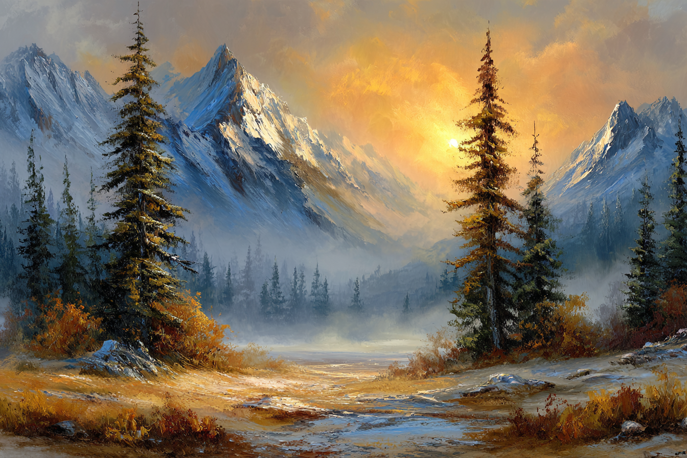 Berglandschaft Mit Kiefern Und Nebel Bei Sonnenuntergang | Nebel und Wetter | Natur