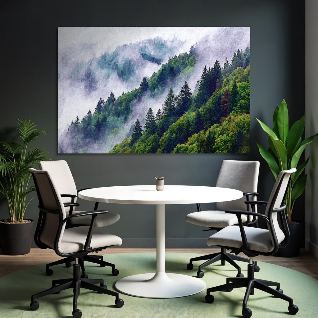 Bergwald Mit Nebel In Aquarellstil