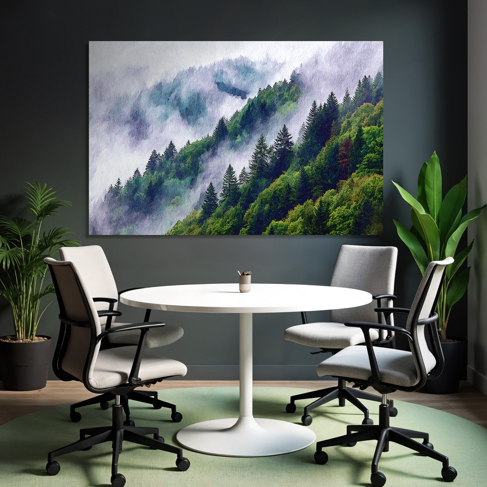 Bergwald Mit Nebel In Aquarellstil