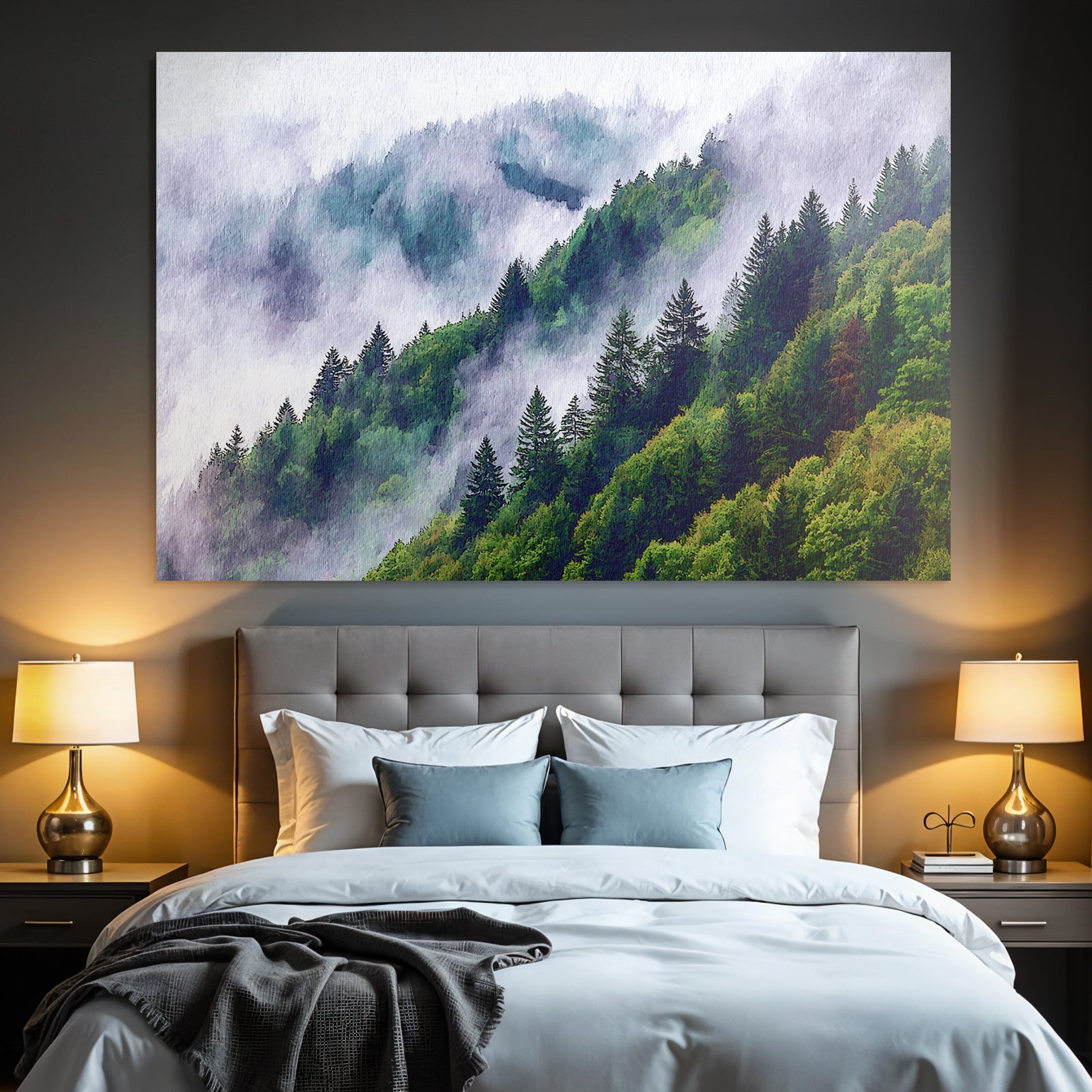 Bergwald Mit Nebel In Aquarellstil