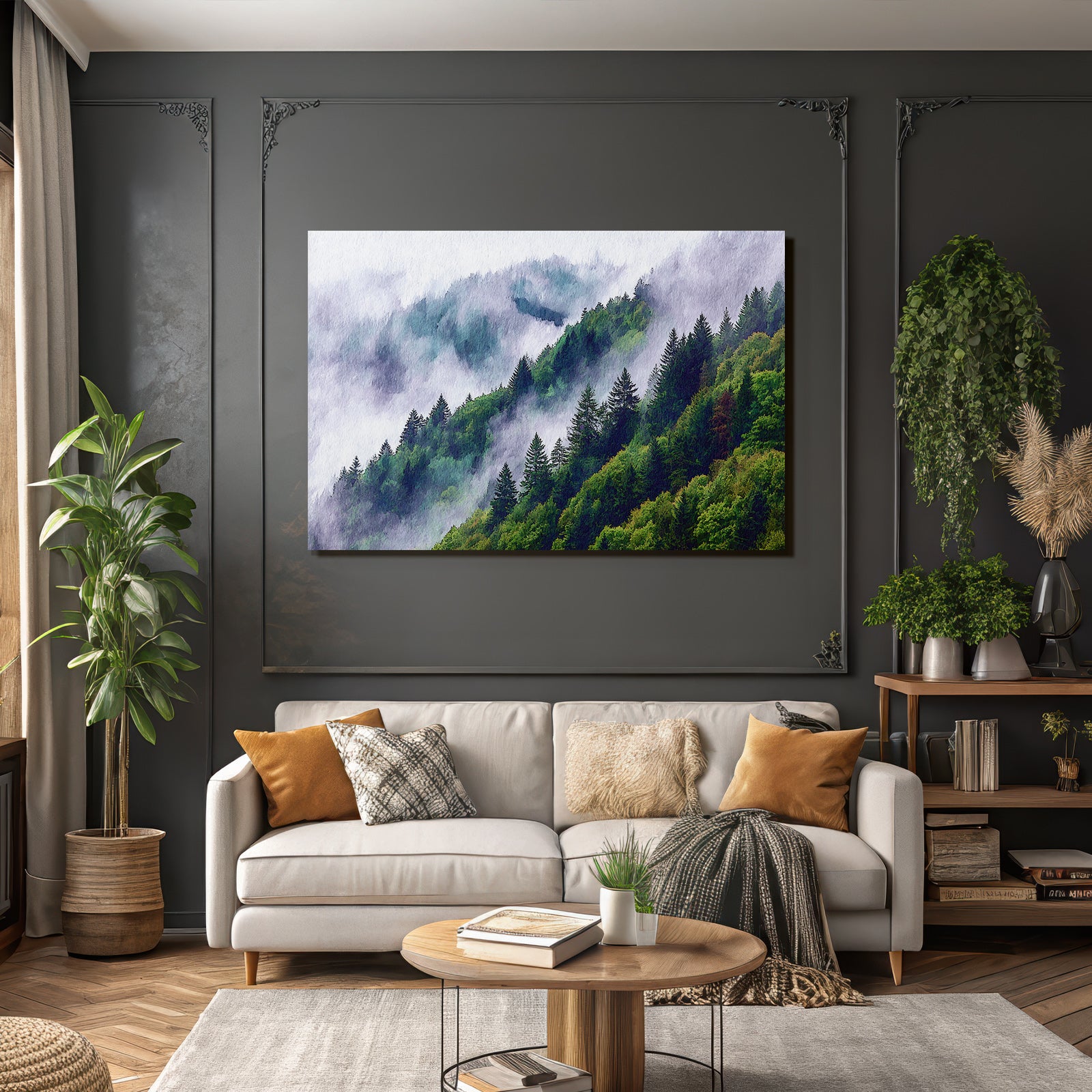 Bergwald Mit Nebel In Aquarellstil