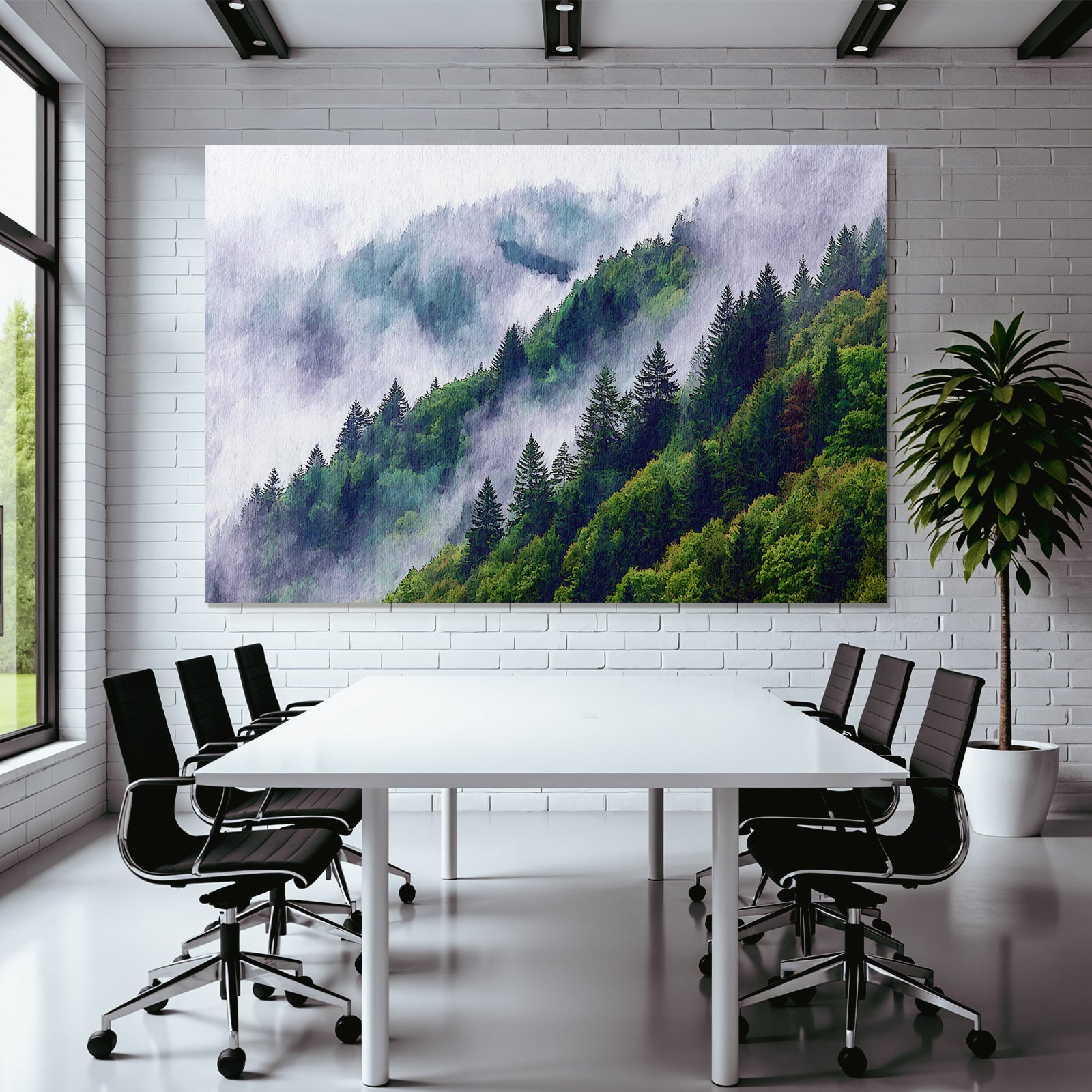 Bergwald Mit Nebel In Aquarellstil
