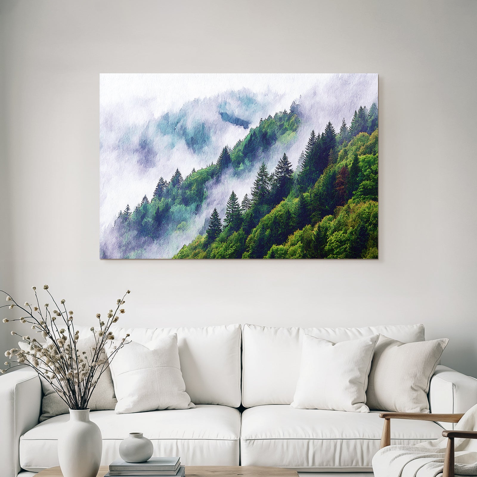Bergwald Mit Nebel In Aquarellstil