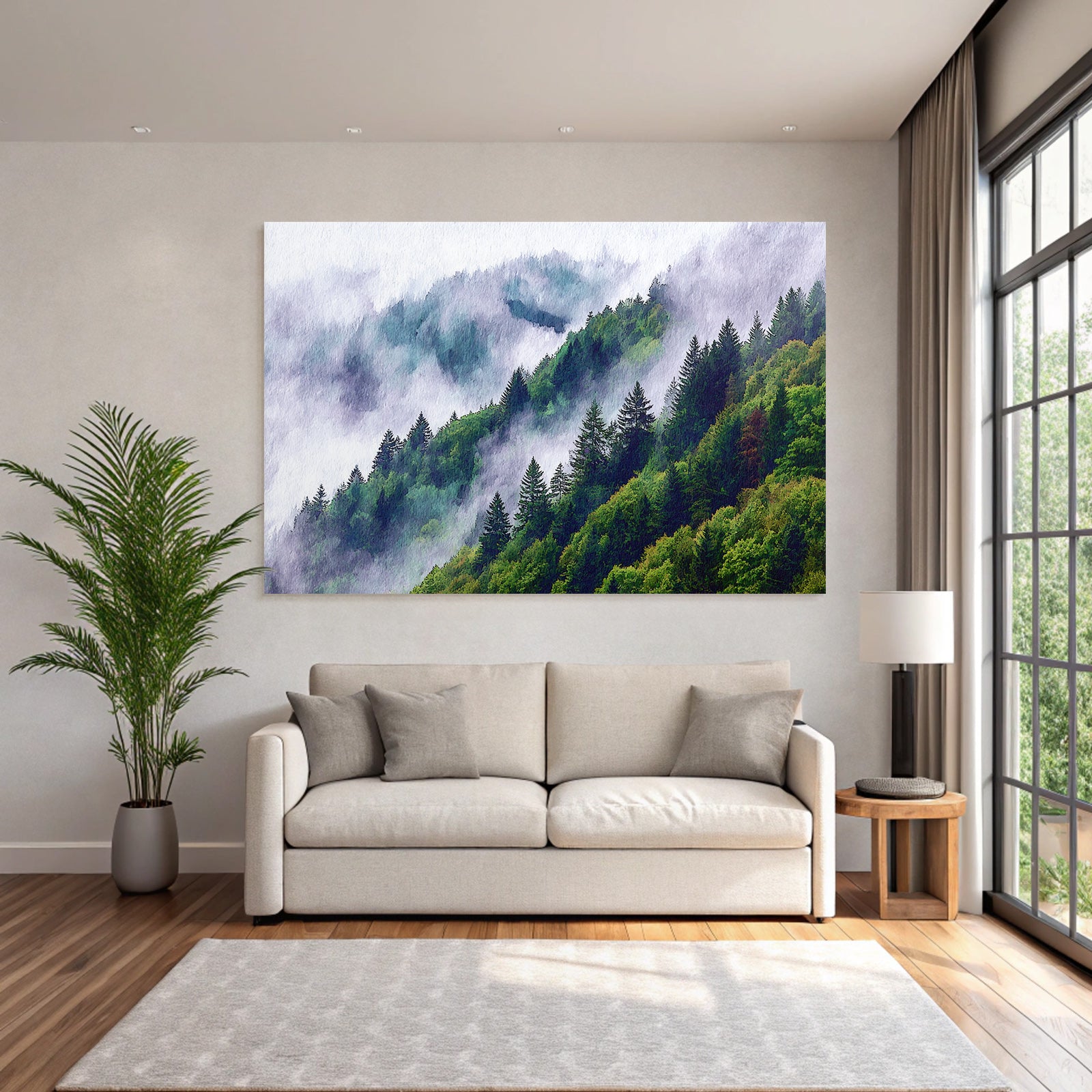 Bergwald Mit Nebel In Aquarellstil