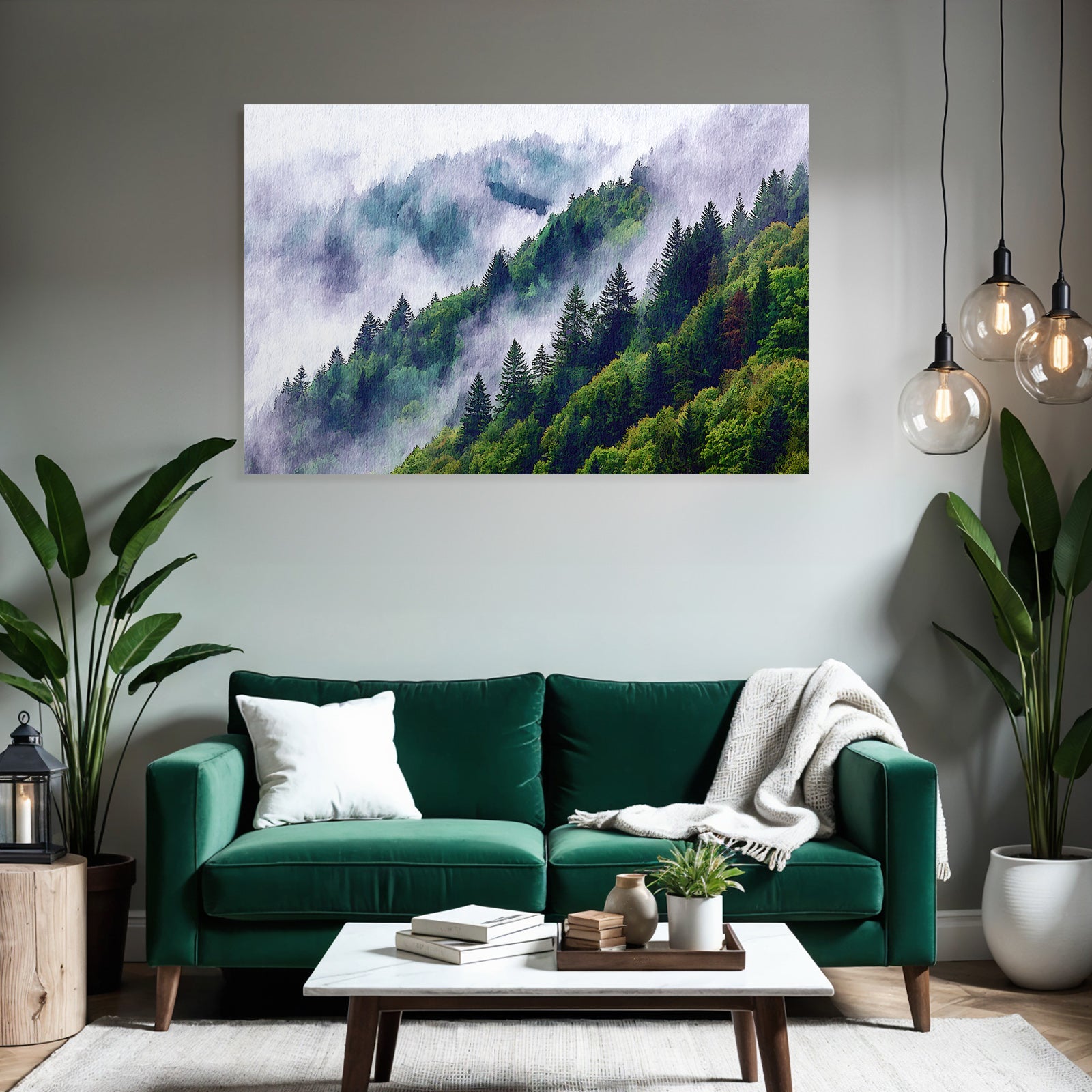 Bergwald Mit Nebel In Aquarellstil