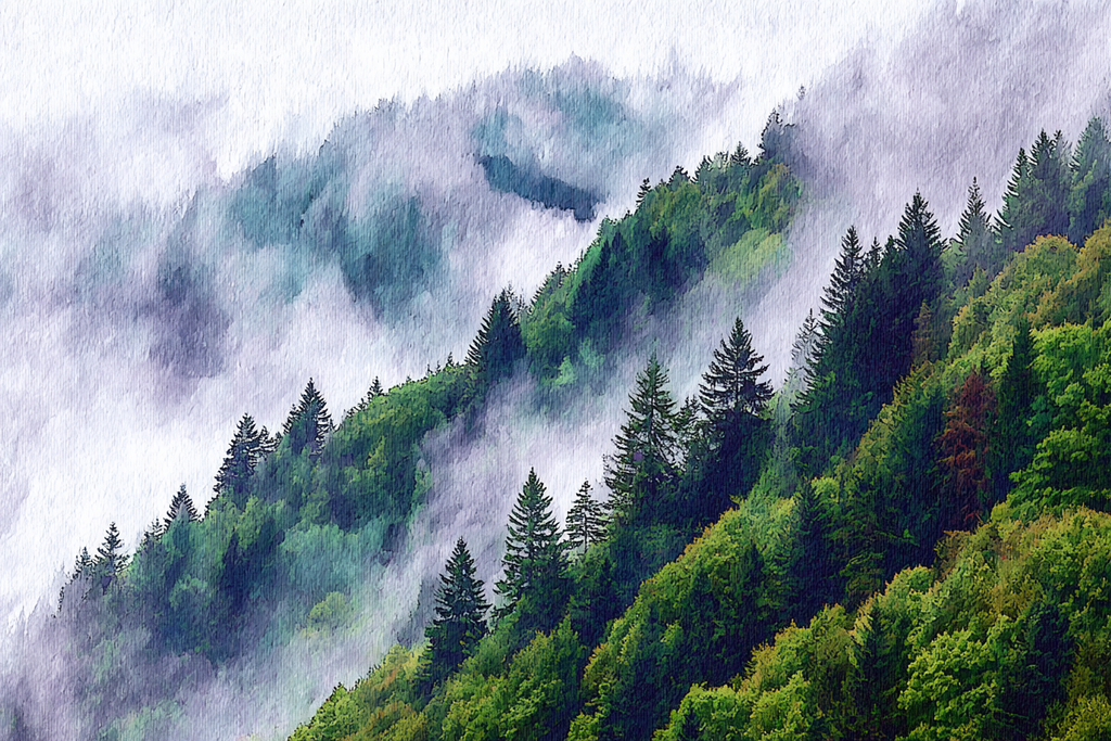 Bergwald Mit Nebel In Aquarellstil | Nebel und Wetter | Natur