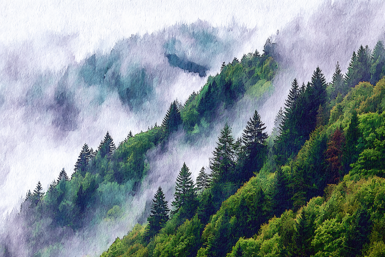 Bergwald Mit Nebel In Aquarellstil | Nebel und Wetter | Natur