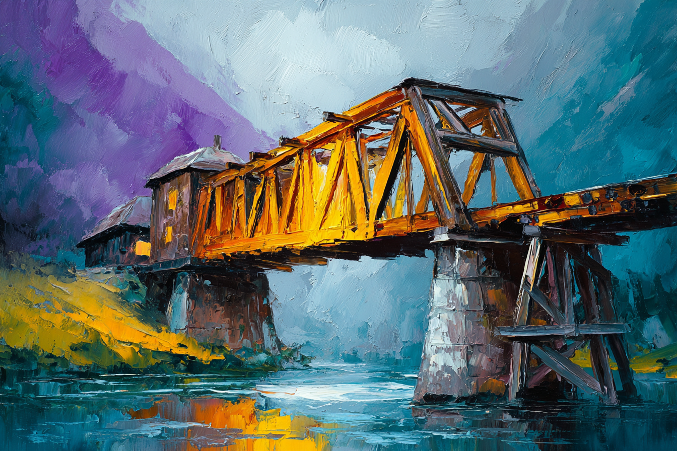 Bunte Impressionistische Brücke Über Wasser | Nebel und Wetter | Natur