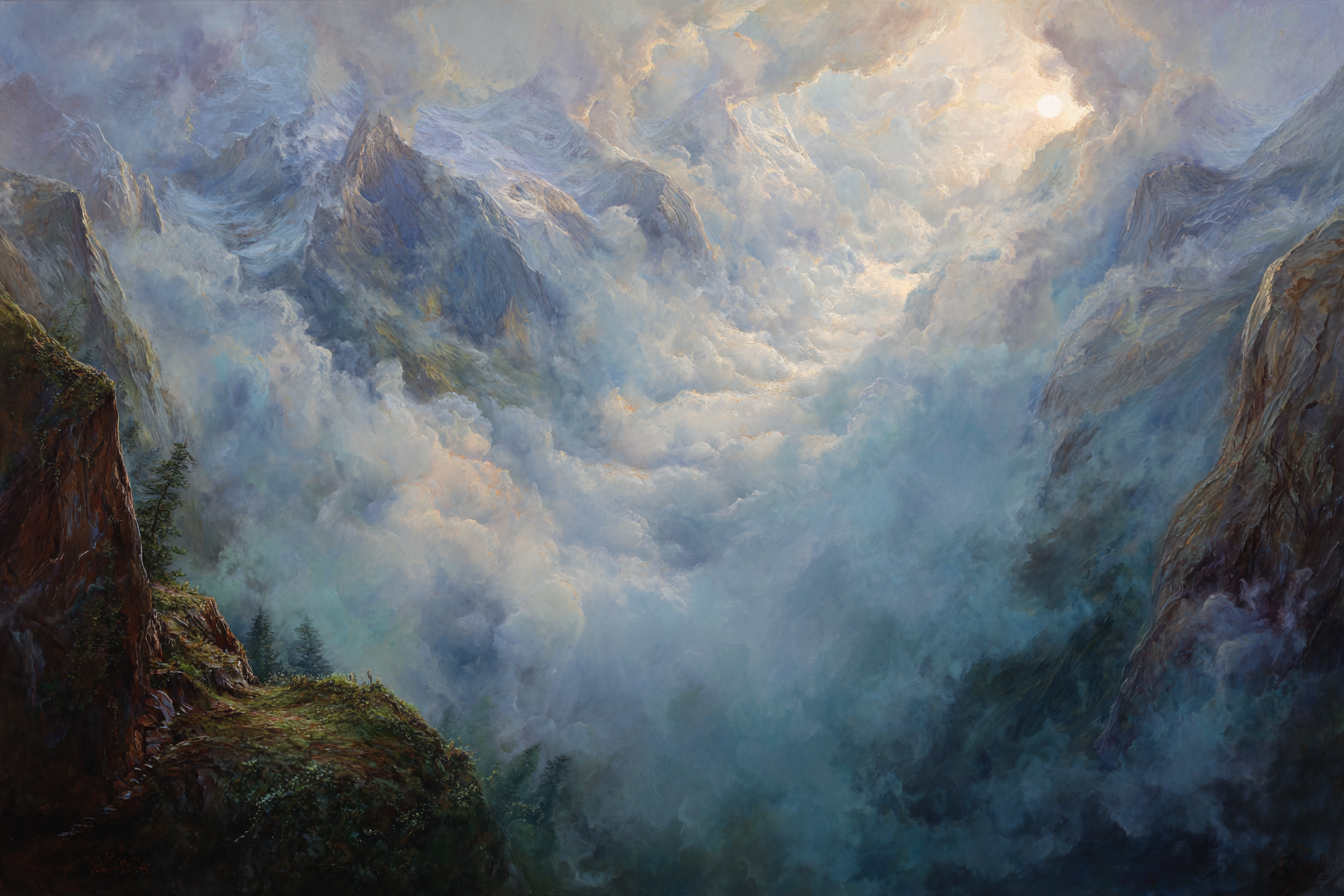 Dramatische Berglandschaft In Wolken Mit Sonnenlicht | Nebel und Wetter | Natur