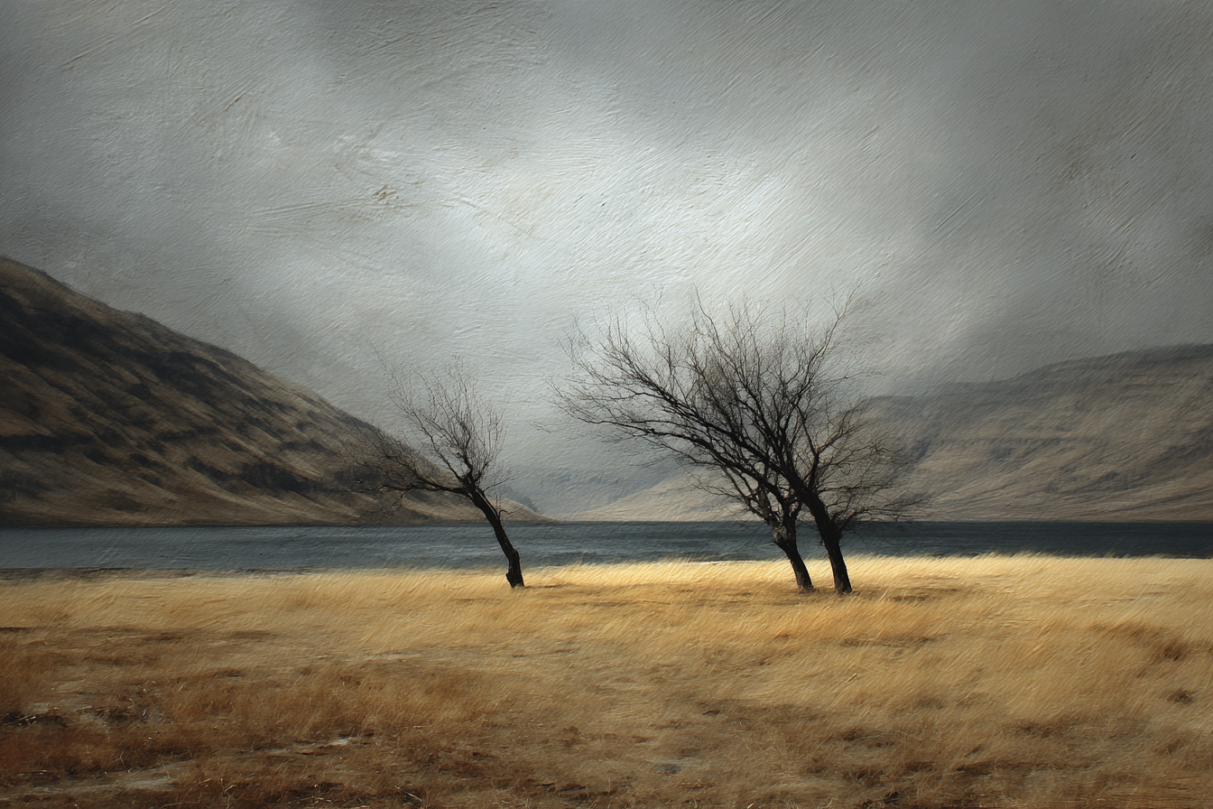 Einsame Uferlandschaft Mit Kargen Bäumen Trockenem Gras | Nebel und Wetter | Natur