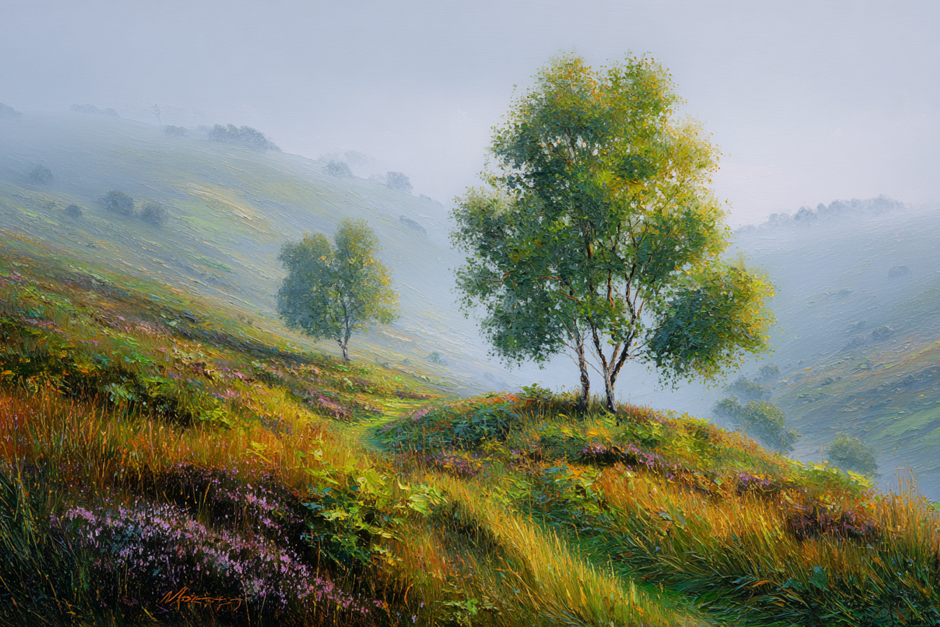 Friedliche Landschaft Mit Sanften Hügeln Bäumen Und Nebliger Atmosphäre | Nebel und Wetter | Natur