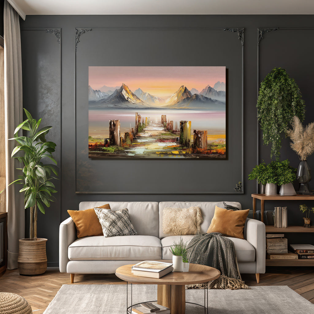 Friedliche Landschaft Mit Sonnenuntergang Holzsteg Und Bergen