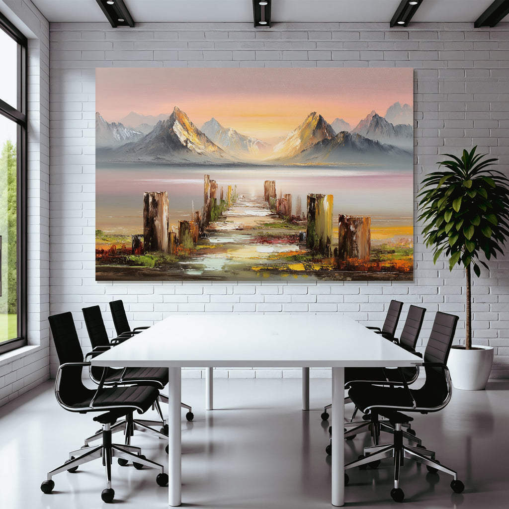 Friedliche Landschaft Mit Sonnenuntergang Holzsteg Und Bergen