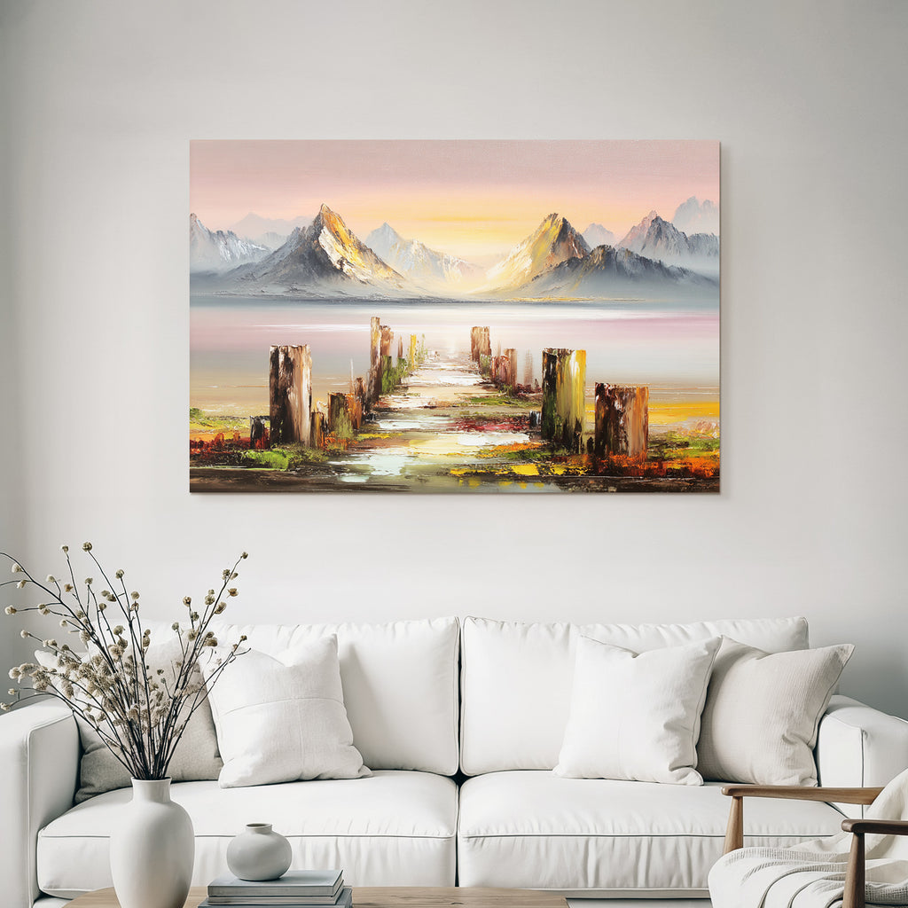 Friedliche Landschaft Mit Sonnenuntergang Holzsteg Und Bergen